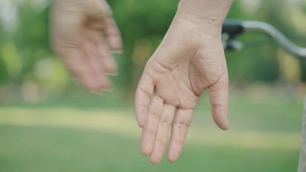 Close-up of mid-adult male and female hands taking each other outdoors. Unrecognizable loving Caucasian man and woman spending weekends in summer park. Unity and love symbol. — Stock Video