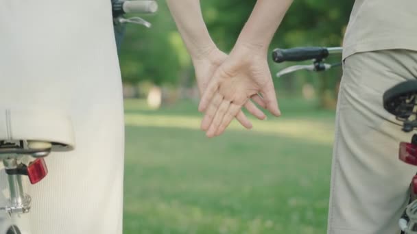Неузнаваемая пожилая пара, держащаяся за руки в летнем парке. Вид сзади на любящих кавказцев мужчину и женщину, наслаждающихся солнечным плачем на улице. Любовь, связь, романтика, единство. — стоковое видео