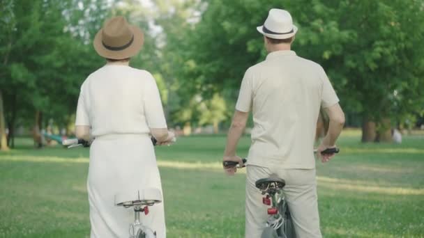 Vista posterior del hombre y la mujer caucásicos de pie con bicicletas en el parque de verano, mirándose y hablando. Feliz pareja adulta disfrutando de una cita en un día soleado al aire libre. Estilo de vida activo, amor. — Vídeos de Stock