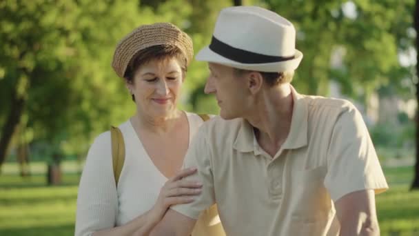 Portrait de charmante femme caucasienne mi-adulte tenant mans main et souriant au mari. Heureuse femme caucasienne sortir ensemble avec le conjoint au coucher du soleil dans le parc d "été. Liaison, amour éternel. — Video