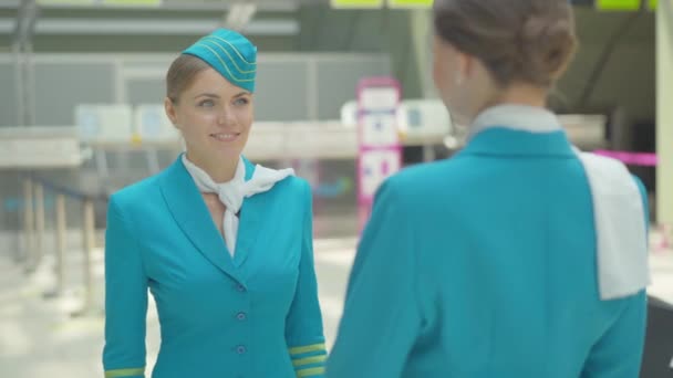 Portrait of excited young stewardess saying goodbye to colleague and walking away. Beautiful confident Caucasian woman in flight attendant uniform leaving for departure. International tourism, job. — Stock Video