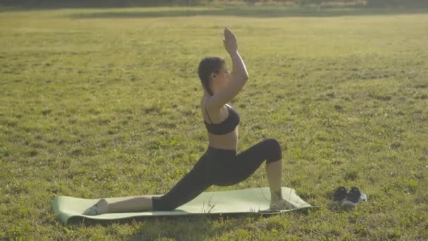 Ampio colpo di giovane donna magra con tatuaggio sulla gamba che pratica yoga all'aperto. Vista laterale di fiducioso yogi caucasico che si esercita alla luce del sole in estate mattina. Stile di vita sano, concetto di sport. — Video Stock