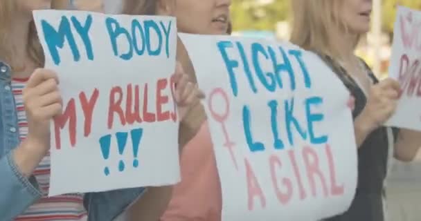 Kaukázusi feminista felemeli a transzparenst anti-szexista szlogennel a nők jogainak demonstrációjáról. A kamera követi a plakát mozgását a nemek közötti egyenlőség elleni tiltakozáson. Cinema 4k ProRes főhadiszállás. — Stock videók