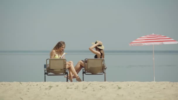 Широкий снимок красивых женщин, сидящих на шезлонгах и наносящих солнцезащитный крем на ноги. Тонкие роскошные кавказские туристы отдыхают на летнем курорте на побережье. Богатые дамы разговаривают и улыбаются на пляже — стоковое видео