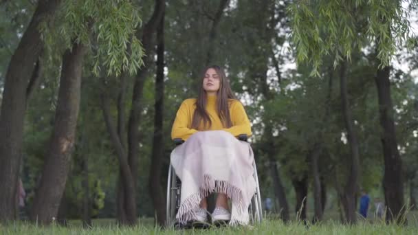 Retrato de bela jovem caucasiana sentada em cadeira de rodas no parque e pensando com as pessoas andando ao fundo. Amplo tiro de mulher paralisada deficiente descansando sozinha na noite de verão. — Vídeo de Stock
