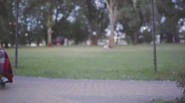 Parkta engelli güzel bir kadınla tekerlekli sandalyenin yan görüntüsü. Hemşire, gönüllü ve hasta durup konuşuyor. Sosyal hizmetler ve bakım kavramı.