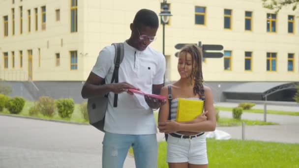 Retrato de estudante universitário afro-americano e estudante posando ao ar livre no dia ensolarado de verão. Menina e jovem olhando para a câmera e sorrindo. Aprendizes inteligentes felizes. — Vídeo de Stock
