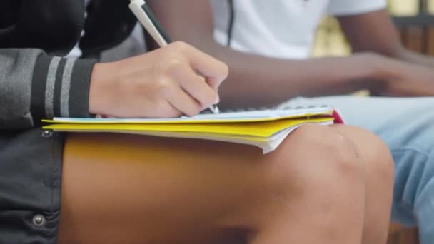 Close-up van onherkenbaar Afro-Amerikaans meisje dat schrijft in werkmap, oudere man die controleert op fouten. Onbekende broer helpt zus met huiswerk op zonnige dag buiten. Onderwijsconcept. — Stockvideo