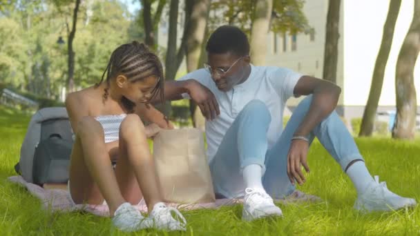 在阳光灿烂的夏季公园里快乐的非洲裔美国男人和女孩的画像。快乐的哥哥和姐姐坐在绿色的草地上吃香蕉。快乐的兄弟姐妹们享受周末. — 图库视频影像