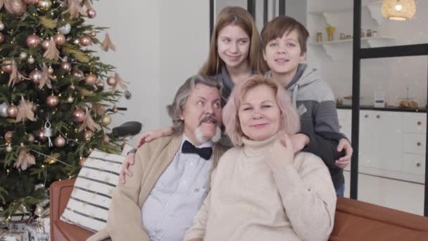 Positive Mehrgenerationenfamilien posieren an Silvester zu Hause. Porträt des glücklichen Großvaters, der Großmutter, des Jungen und des Mädchens, das in die Kamera blickt und im Hintergrund mit dem Weihnachtsbaum lächelt. — Stockvideo