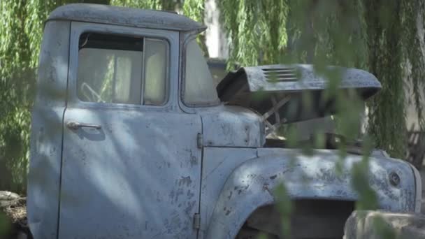 Kabina rozbitého starého náklaďáku se zeleným listím kolem. Boční pohled na opuštěné průmyslové stroje na troskách zanedbávané továrny venku. — Stock video