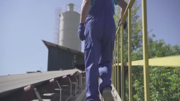 Vista posteriore del dipendente caucasico maschio che cammina lungo il trasportatore di carico all'aperto nella giornata di sole. Ampia gamma di apparecchiature professionali per il controllo dei lavoratori su impianti o fabbriche. — Video Stock