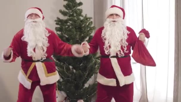 Santas alegres y despreocupadas bailando en el interior con un árbol de Navidad decorado al fondo. Retrato de dos alegres Papá Noel divirtiéndose en Nochevieja. Feliz celebración.. — Vídeo de stock