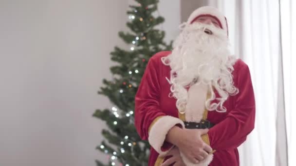 Tiro médio de homem idoso alegre em traje de Papai Noel vermelho rindo e olhando para a câmera. Retrato de alegre despreocupado Santa Cláusula se divertindo na véspera de Natal com a árvore de Ano Novo no fundo. — Vídeo de Stock