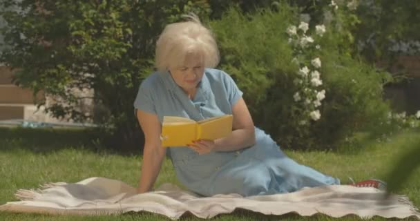 Özümsenmiş beyaz kadın portresi güneşli çimlerde battaniyeye oturmuş kitap okuyor. Kapsamlı bir şekilde emekli bir kadının yaz günü açık havada hobisinin keyfini çıkarması. Sinema 4k ProRes Merkezi. — Stok video