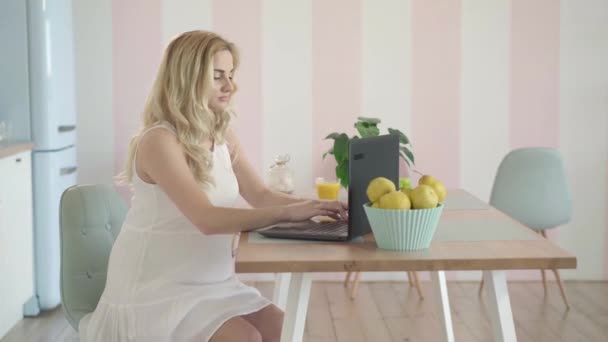 Vista laterale della donna incinta felice che acquista online durante la gravidanza. Ritratto di donna caucasica fiduciosa sorridente che digita sulla tastiera del computer portatile e accarezza la pancia. Tecnologie wireless moderne. — Video Stock