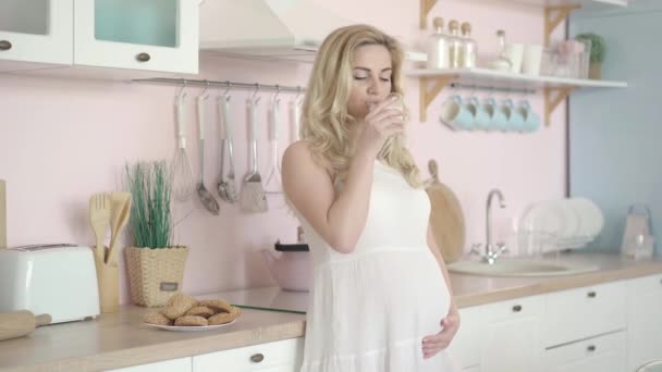Encantadora mujer embarazada bebiendo leche por la mañana y acariciando el vientre. Retrato de despreocupado feliz Caucásico expectante beber bebida saludable durante el embarazo. — Vídeo de stock
