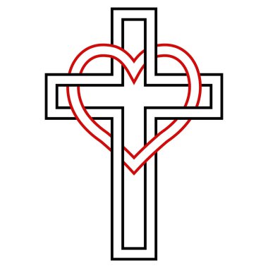 Intertwining of the heart and Christian cross, vector symbol of faith and love to God. Christian symbol clipart