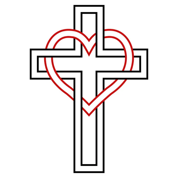 El entrelazamiento del corazón y de la cruz cristiana, símbolo vectorial de la fe y del amor a Dios. Símbolo cristiano — Vector de stock