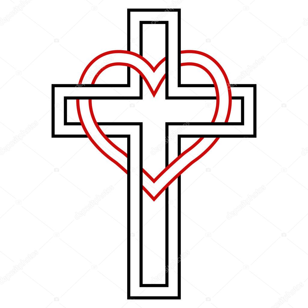 Intertwining of the heart and Christian cross, vector symbol of faith and love to God. Christian symbol