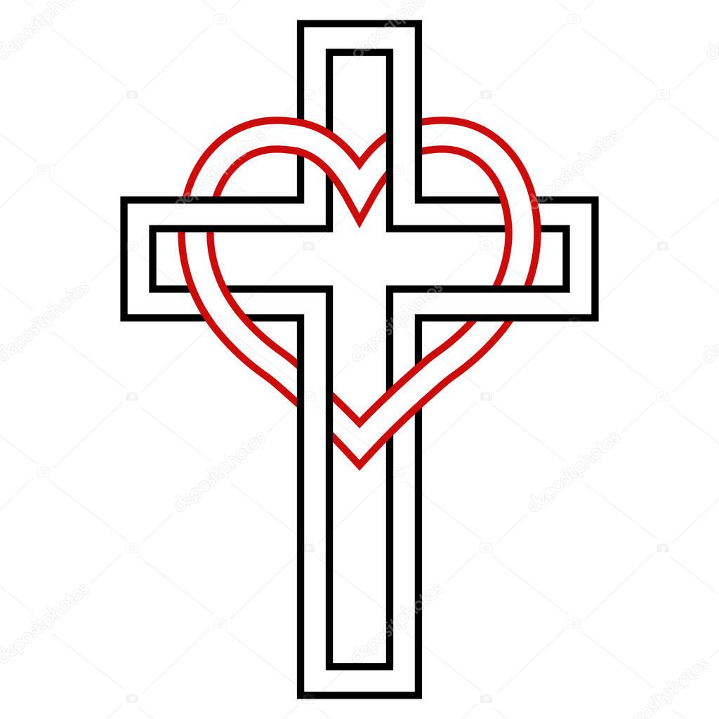Intertwining of the heart and the Christian cross, vector symbol of faith and love to God. Christian symbol