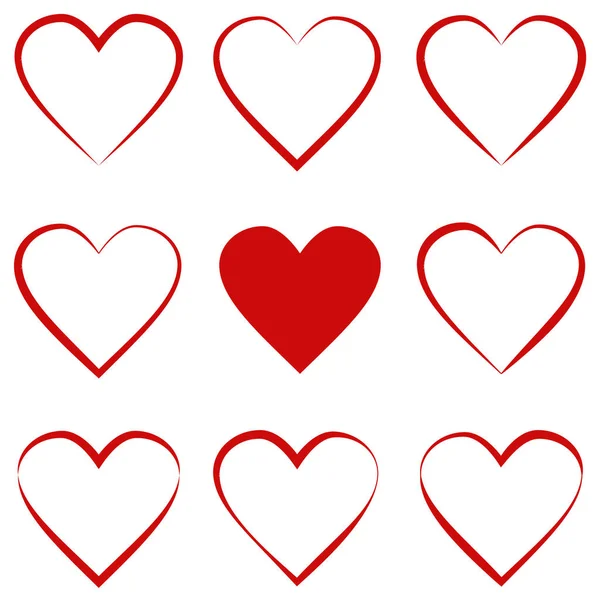 Set Herzen mit kalligraphischem Strich, Symbol der Liebe Zeichen, Vektorumrandung Herz rot, Valentinstag Feiertag — Stockvektor