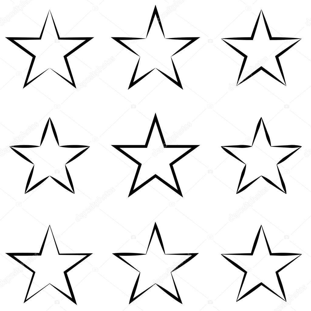 Set stars with calligraphic outline stroke, vector hand drawn star shape outline