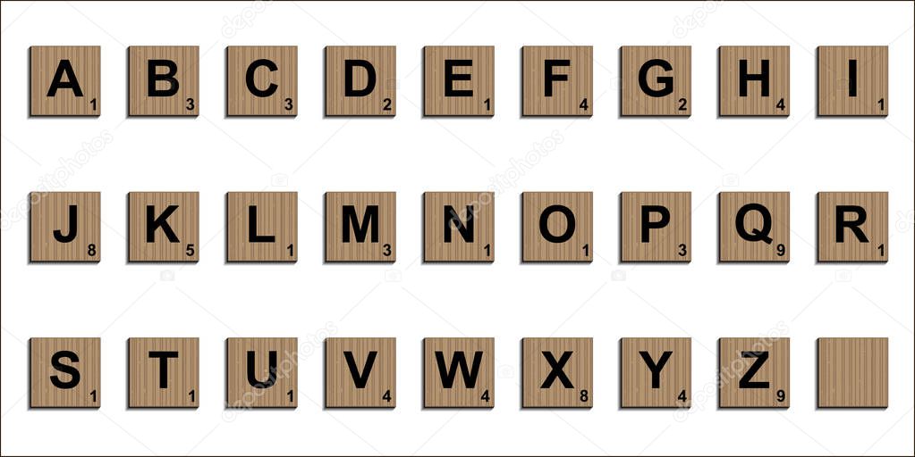 Wooden scrabble tiles alphabet letters 3D realistic, vector word scrabble puzzles  design elements board game template