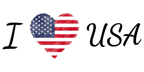 Metin kalp Doodle, vektör kaligrafi metin ülke ABD Amerika'yı seviyorum, ABD seviyorum Amerika bayrağı kalp vatansever — Stok Vektör