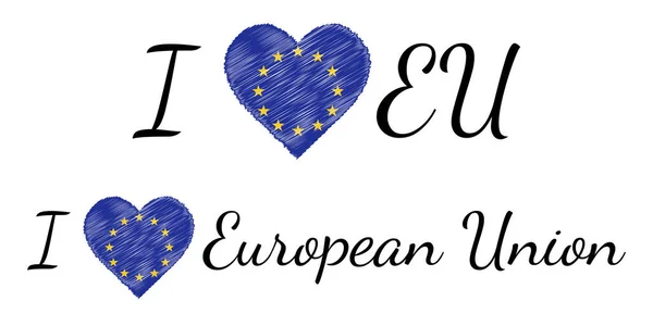 Ik hou van land Europese Unie eu, tekst hart Doodle, vector kalligrafische tekst, ik hou van Europese Unie eu vlag hart patriot — Stockvector