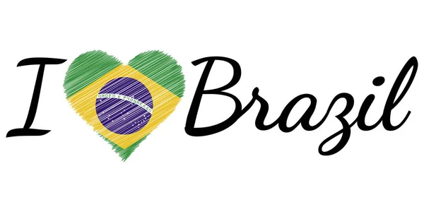 I love country Brazil, text heart Doodle, vector calligraphic text, I love Brazil flag heart patriot — Stock Vector