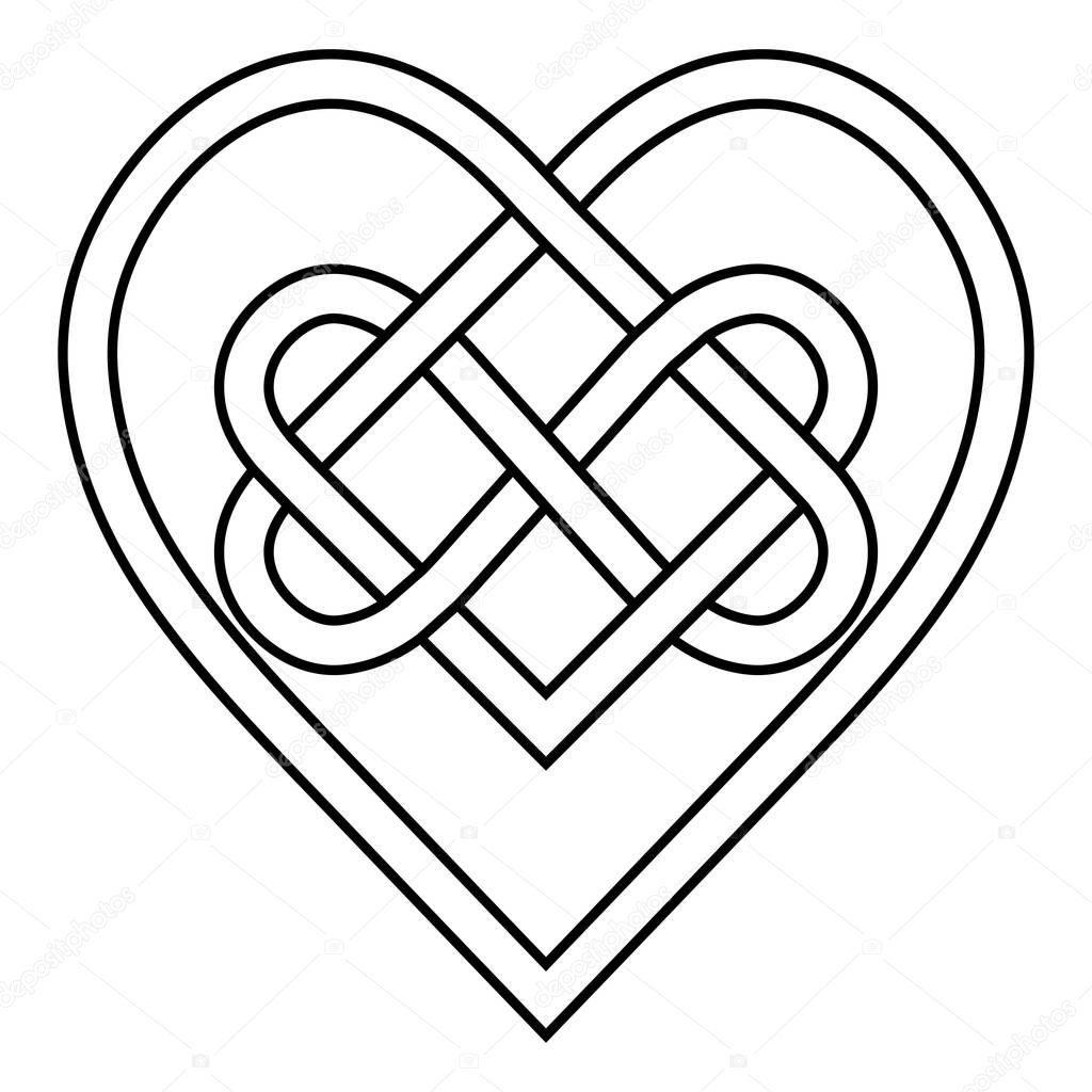 Celtic knot rune bound hearts infinity, vector symbol sign of eternal love, tattoo logo pattern of hearts