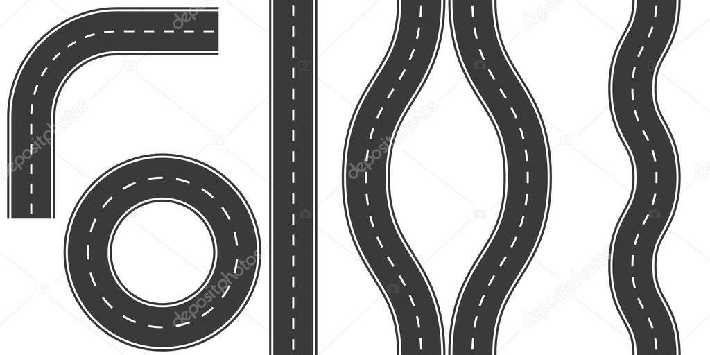 set roads markings, vector illustration options road curvature turn, detour, ring