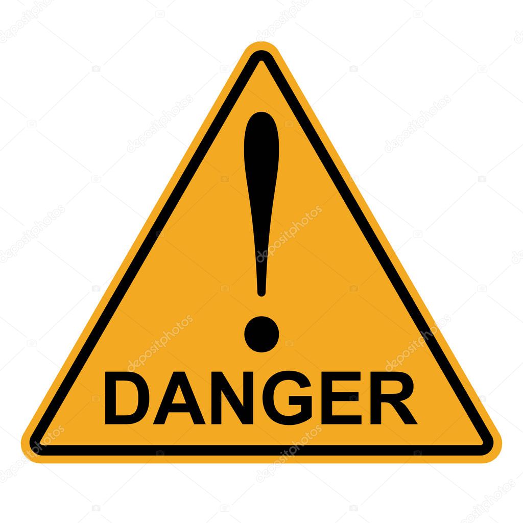 Orange yellow triangle exclamation mark word danger, vector danger hazard warning attention sign