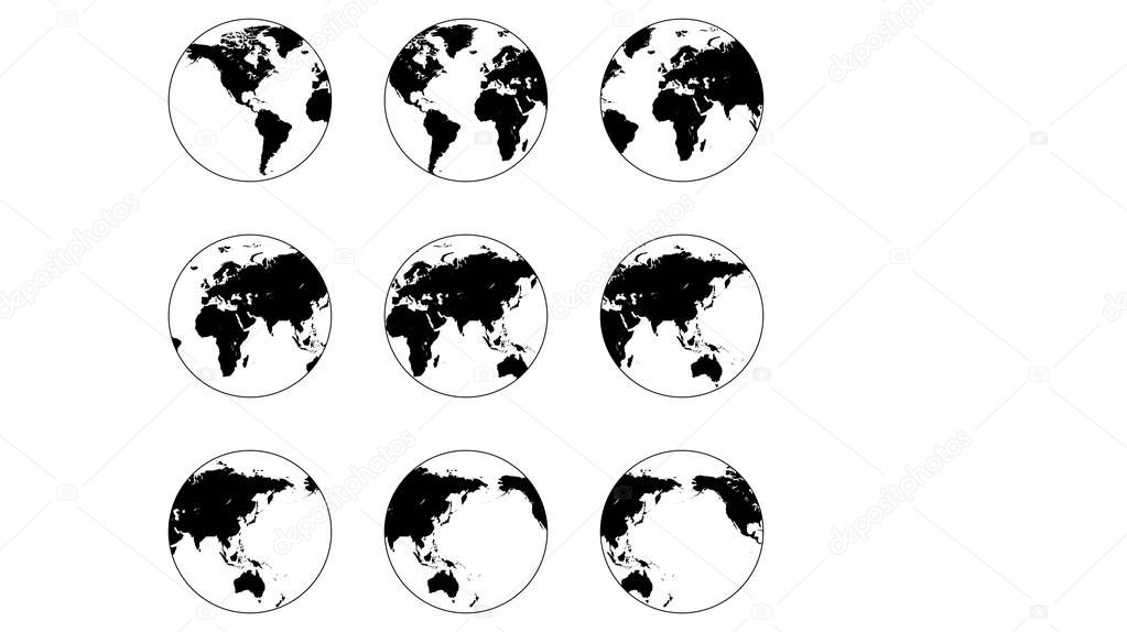 Set globe world icon different angles, vector map of planet earth round globe