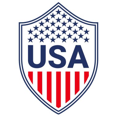 ABD rozeti, bağımsızlık günü rozet etiketi, Amerikan bayrağı unsuru, vatansever tipografi grafikleri. Kalkan tasarımı. Moda, spor kıyafetleri, tişört.
