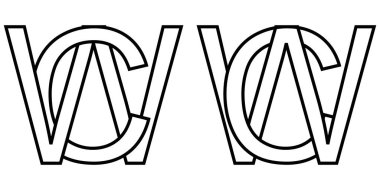 Logo işareti wc cw simgesi iki birbirine karışmış harf W, C vektör logosu wc, cw ilk büyük harf kalıp alfabe w, c,