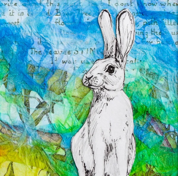 Dibujo de conejo blanco sobre fondo verde azul colorido . —  Fotos de Stock