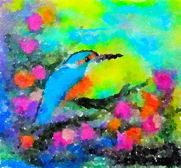 Pintura de acuarela de colores. Kingfisher en rama de floración . —  Fotos de Stock