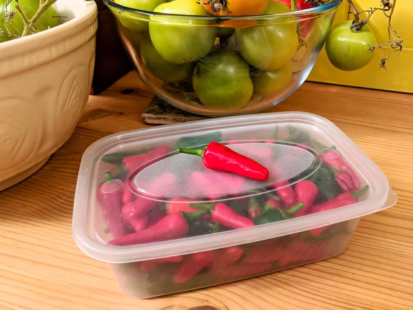 Red and green chilli peppers in plastic kitchen container. — Stock Photo, Image