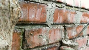 Kadın tuğla duvarı havanla işaret ediyor. Boşluğu kopyala.