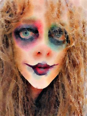 Cadılar Bayramı suluboya resmi. Korkunç kostüm makyajı..