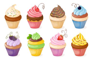 Vektör çizim cupcakes için çay partisi davetiyesi ve Doğum günü kartı, Restoran, kafeterya, pastane cafe veya dükkanı tatlı menüsü. eps10