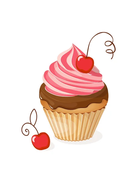 Cupcake Colorato Isolato Realistico Con Ciliegia Sullo Sfondo Bianco Illustrazione — Vettoriale Stock