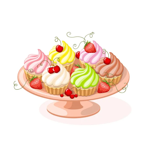 Reális Elszigetelt Színes Lemez Cupcakes Bogyók Fehér Háttér Vektor Illusztráció — Stock Vector