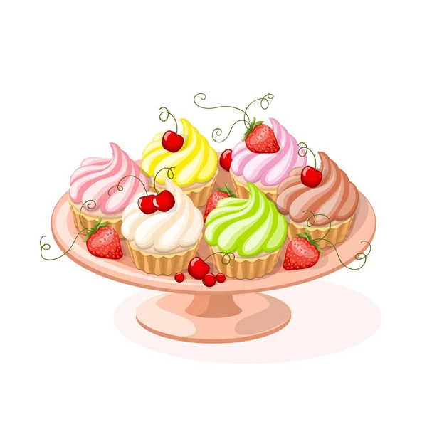 Realistic Isolated Colorful Plate Set Cupcakes Berries White Background Vector — Stock Vector