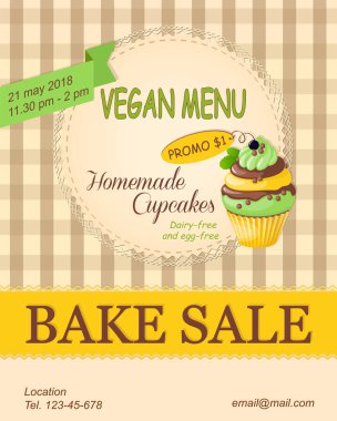 Vegan fırında satış promosyon veya gerçekçi cupcake ajur gelmedi dükkan, mağaza, kafeterya veya pastane cafe menüsüyle için banner için renkli flyer şablonu. eps10