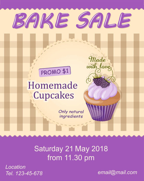 Colorful flyer template for bake sale promotion or banner for shop, store, cafeteria or bakery cafe menu with realistic cupcake on the  napkin. eps10