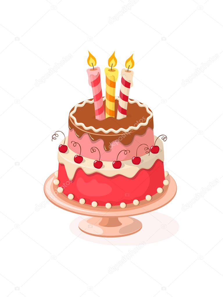 Realistic isolated colorful cake tier with candles on the white background. Vector illustration for tea party invitation or birthday card, sweet menu of the restaurant, cafeteria, bakery cafe or shop. eps10