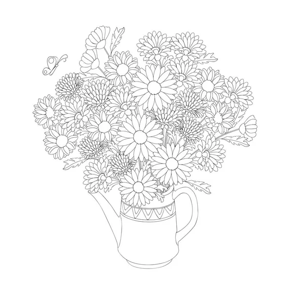 Esboço Cartão Convite Aniversário Monocromático Com Doodle Buquê Floral Bule —  Vetores de Stock